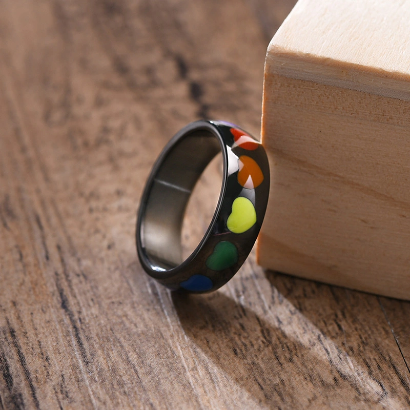 Epoxy Heart Ring Rainbow Ring Titanium Steel Epoxy Heart Ring Stainless Steel Ring