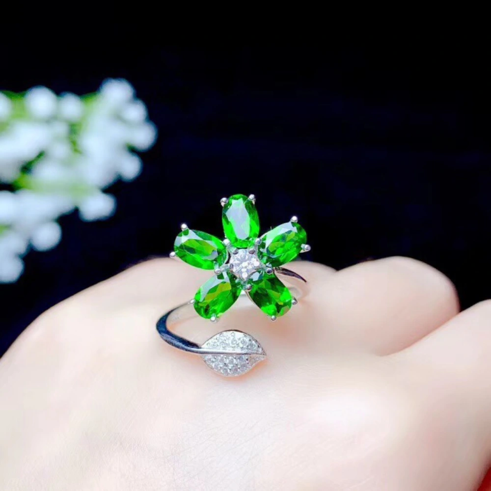 Silver Natural Diopside Ring, Flower Female Ring, Adjustable Mouth