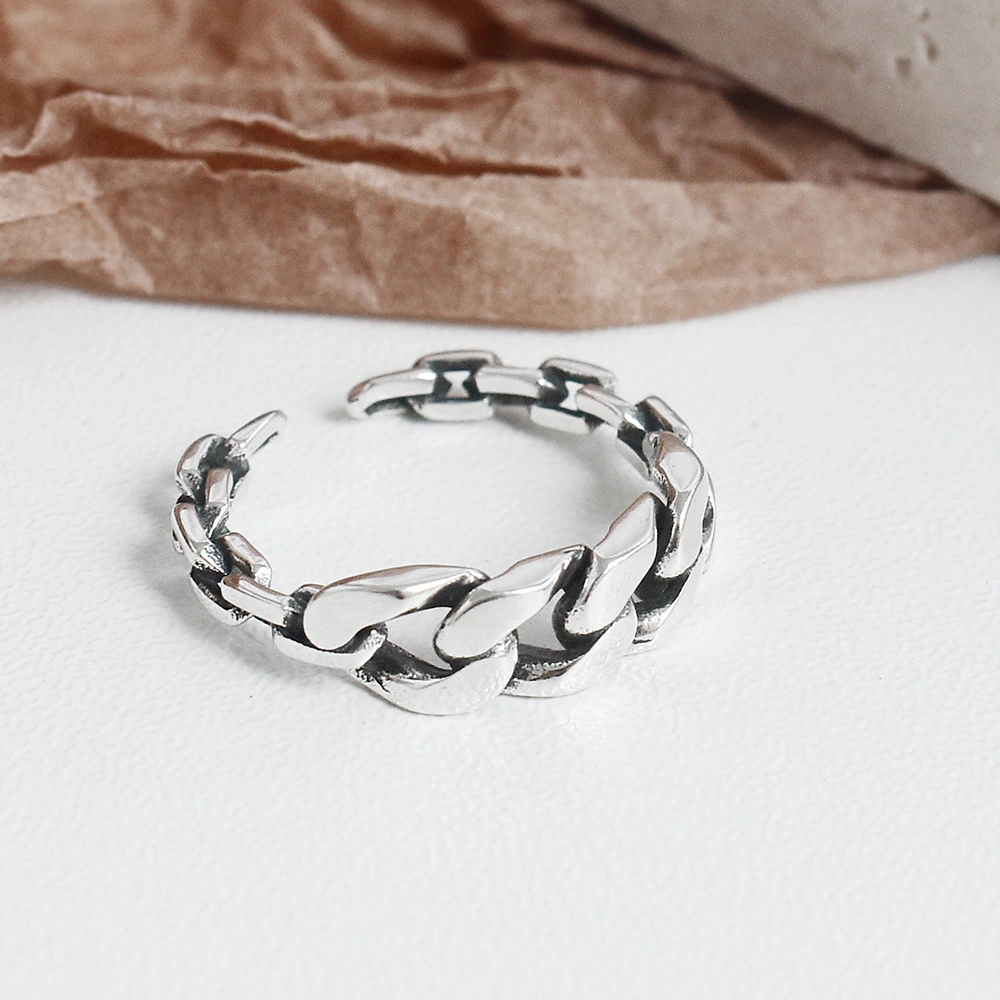 Ins Retro Cold Wind Jewelry S925 Sterling Silver Heavy Industry Chain Stitching Ring