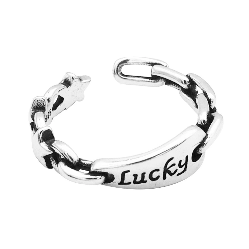 Ins Personality Cold Wind Jewelry S925 Sterling Silver Retro Heavy Letter LUCK Ring