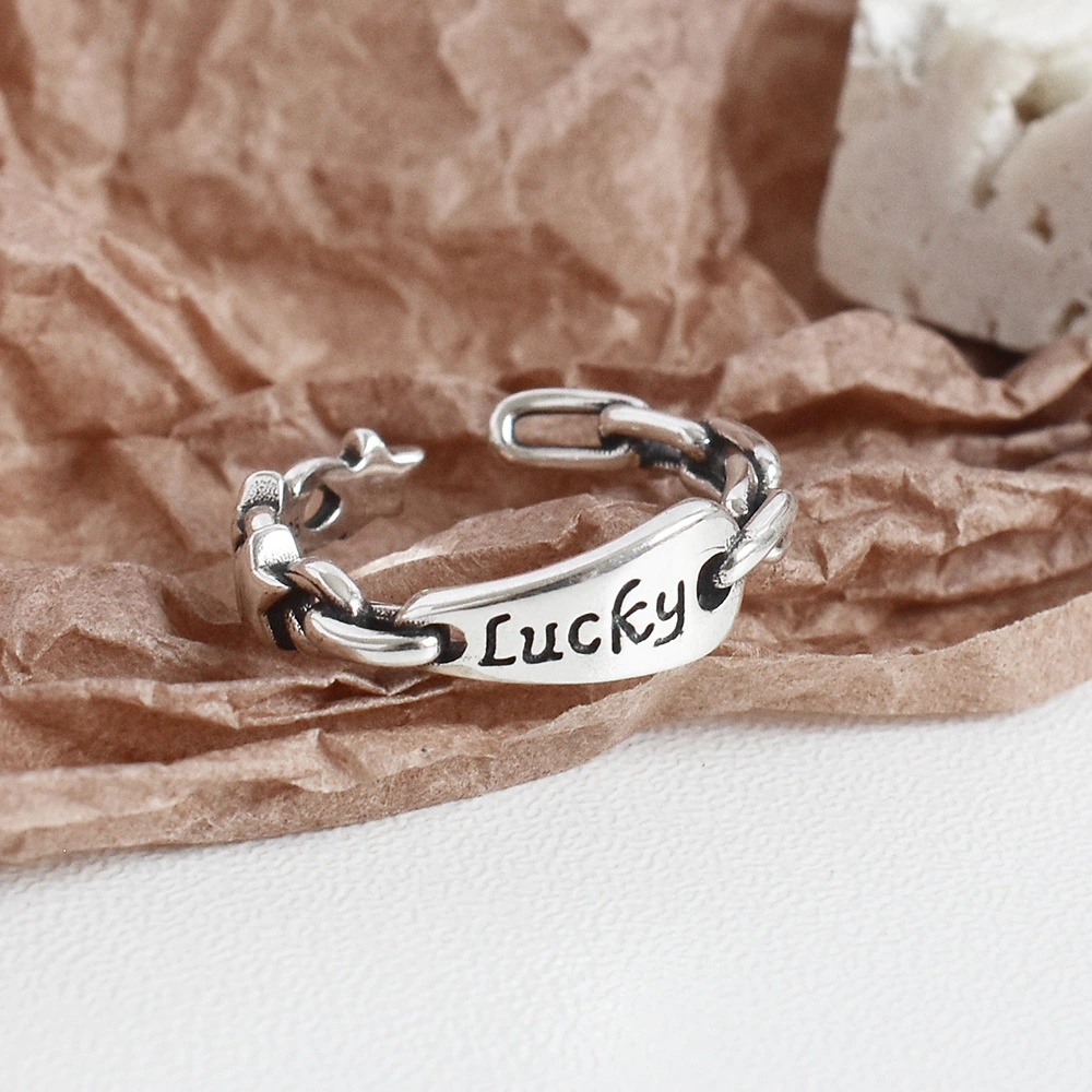 Ins Personality Cold Wind Jewelry S925 Sterling Silver Retro Heavy Letter LUCK Ring