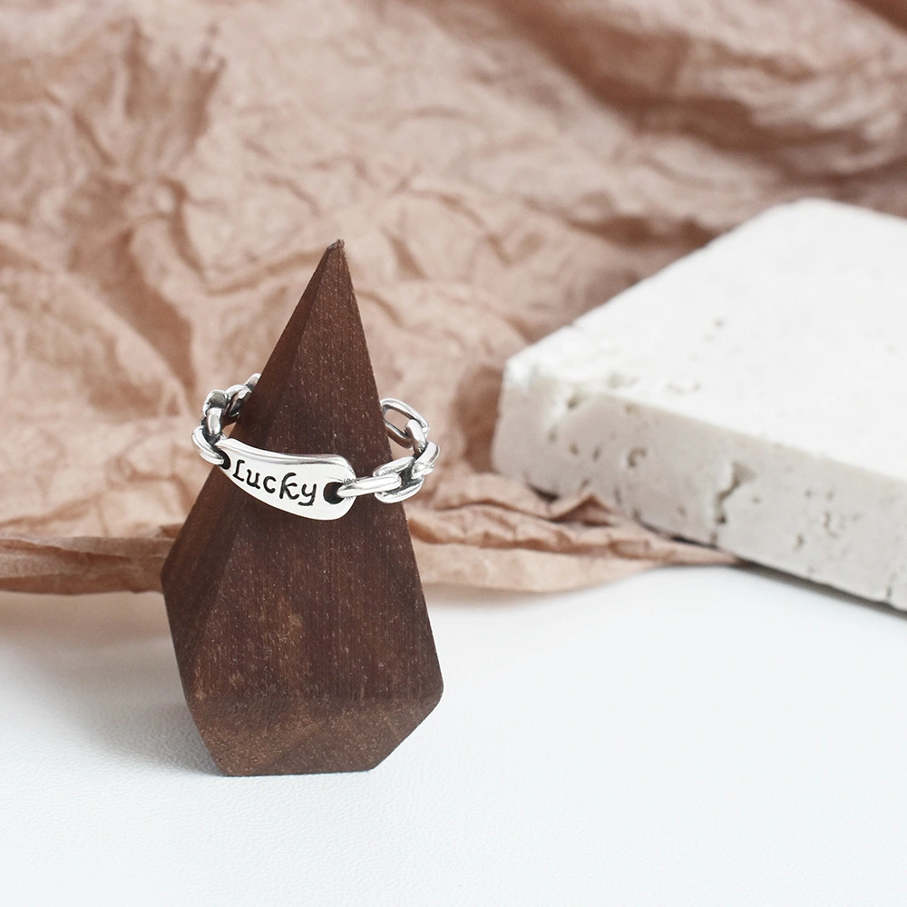 Ins Personality Cold Wind Jewelry S925 Sterling Silver Retro Heavy Letter LUCK Ring