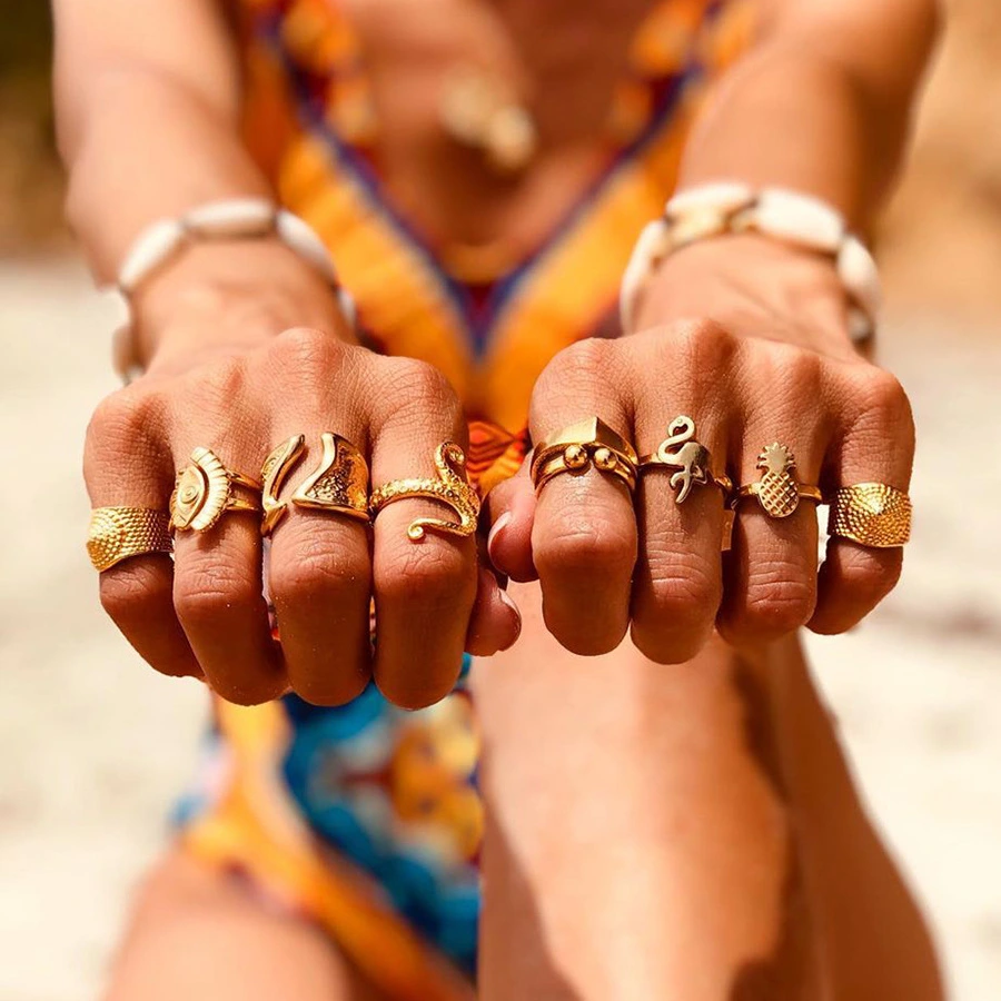 Bohemian Pineapple Snake 9 Piece Ring Set