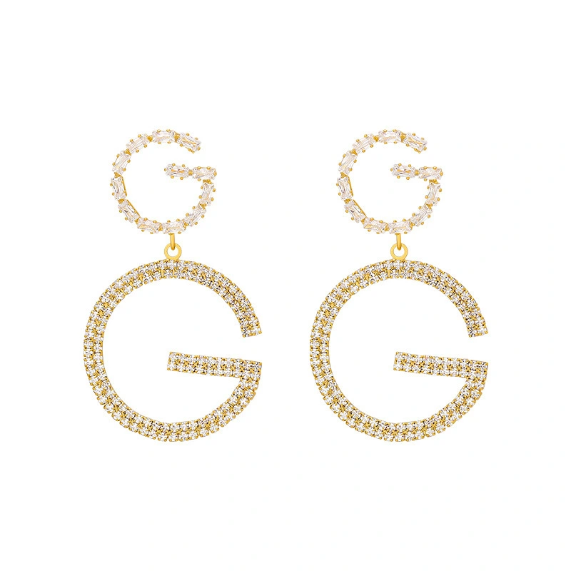 European And American Full Diamond Letter G Earrings Exaggerated Personality Earrings