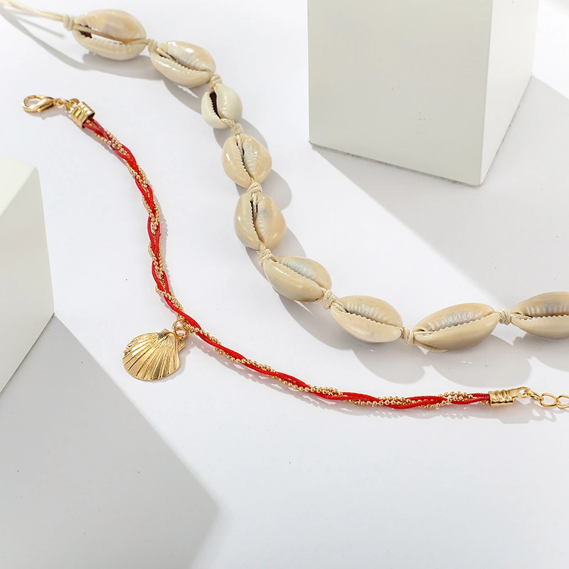 New Jewelry Personality Beach Wind Winding Red String Shell And Clam Shell Pendant Alloy Anklet