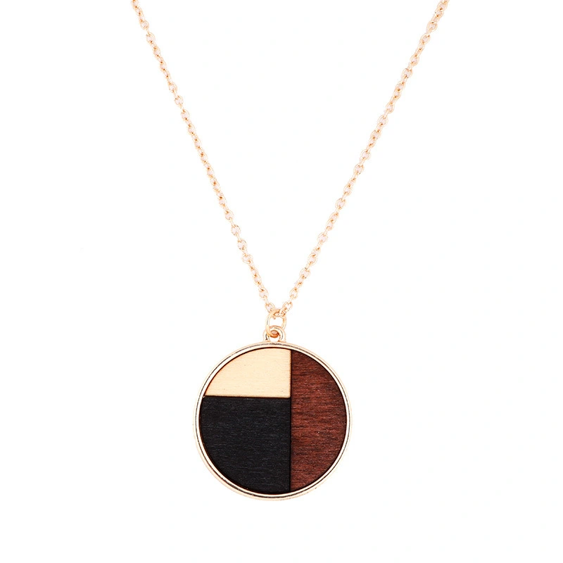 Geometric Round Wood Contrasting Color Combination Pendant Necklace