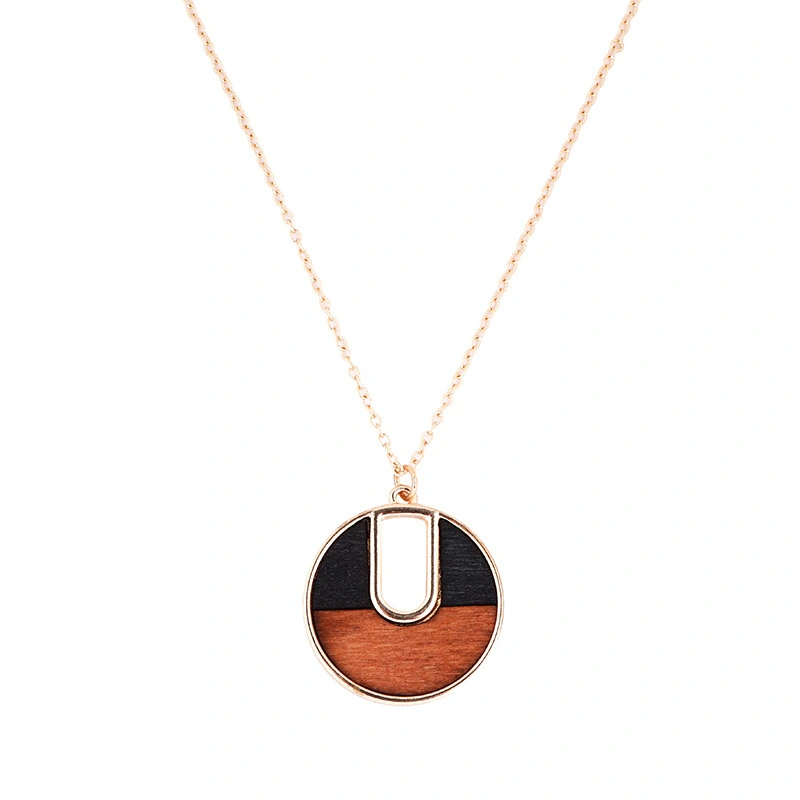 Geometric Round Wood Contrasting Color Combination Pendant Necklace