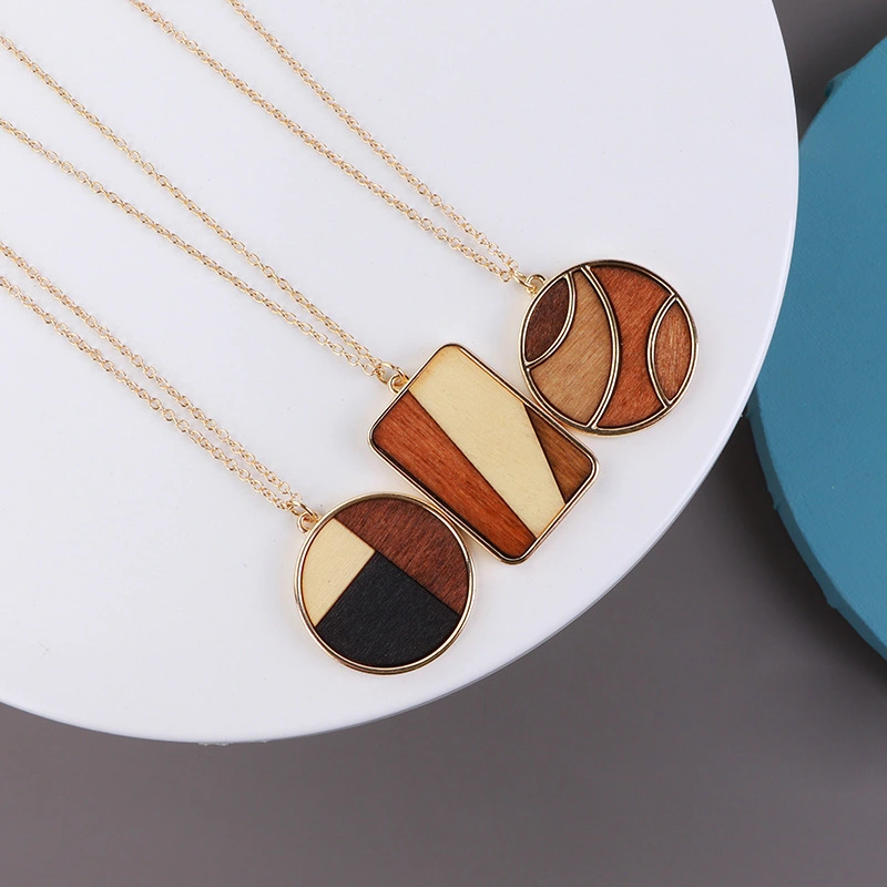 Geometric Round Wood Contrasting Color Combination Pendant Necklace