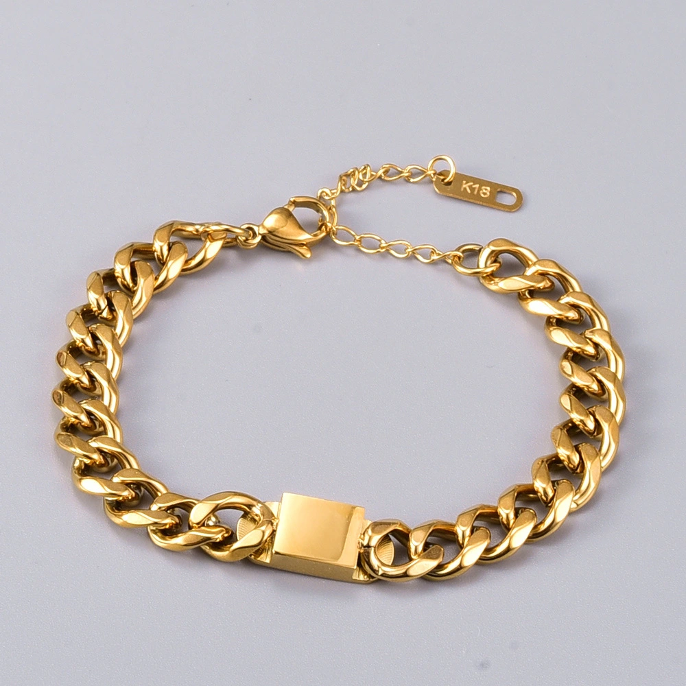 18K Gold Rectangular Brand Thick Chain Bracelet