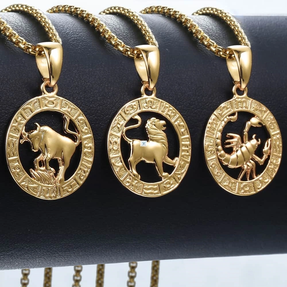 Men's Women's 12 Horoscope Zodiac Sign Gold Pendant Necklace