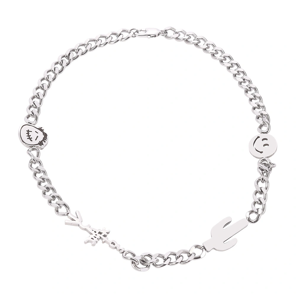 Smiley Cactus Cuban Chain Necklace Silver