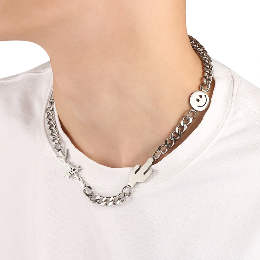Smiley Cactus Cuban Chain Necklace Silver