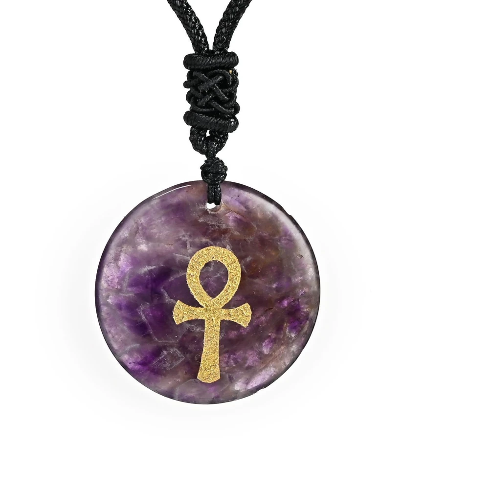 Natural Amethyst Pendant Discs Carved Symbol Of Life