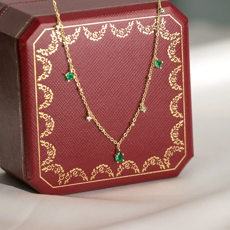 S925 Silver Necklace Female Korean Version Square Green Water Drop Green Diamond Small  And Sweet Clavicle Chain