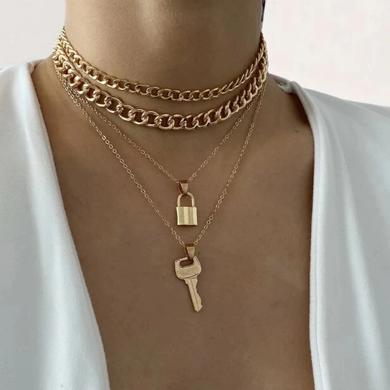 Personality Trend Thick Chain Creative Key Lock Pendant Four Layer Necklace