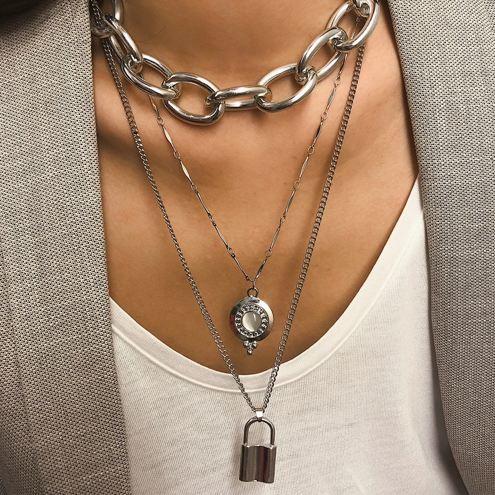 Hip-Hop Style Necklace With Diamond Lock Pendant Women