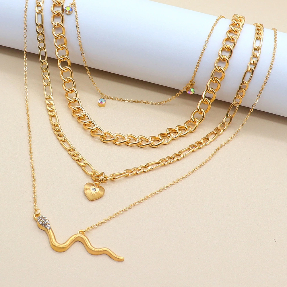 Fashion Retro Punk Style Love Snake Color Diamond Pendant Multilayer Necklace