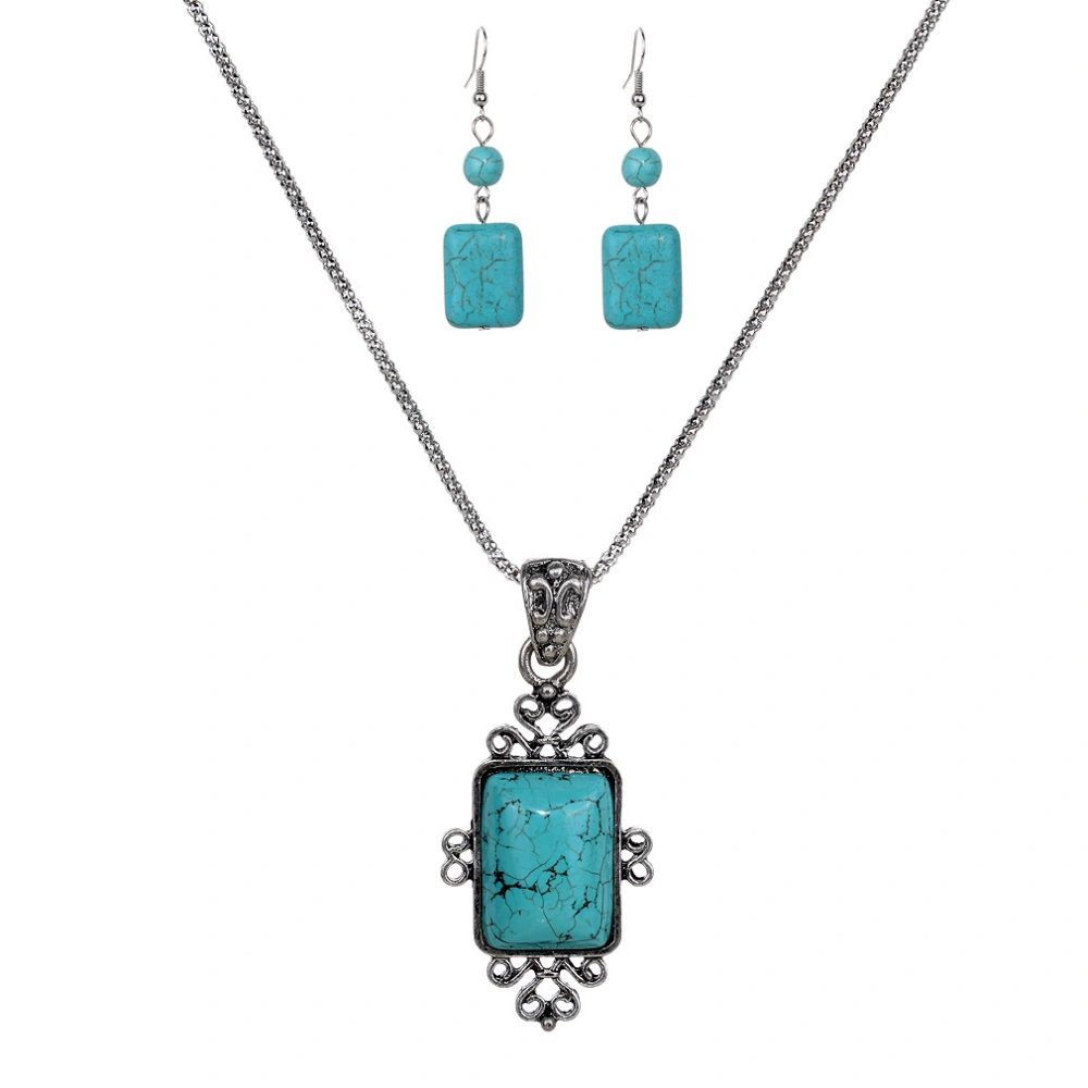 Turquoise Necklace And Earrings Square Alloy Necklace And Earrings Set