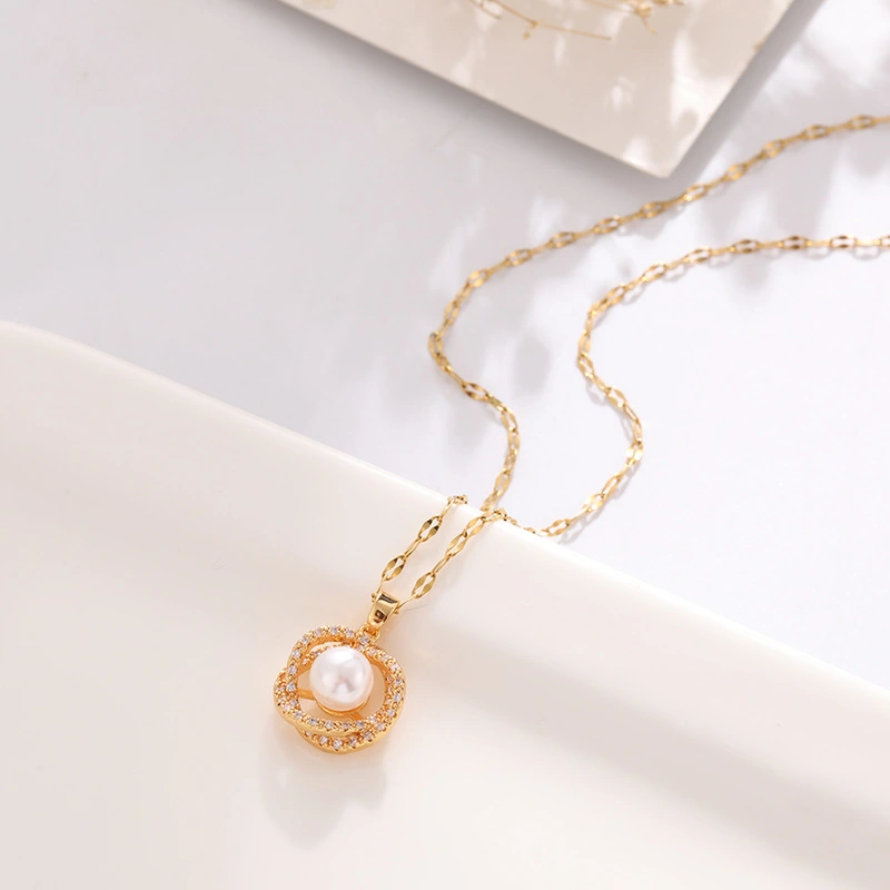 Titanium Steel Necklace Women''s Hollow Bird''s Nest Imitation Pearl Pendant