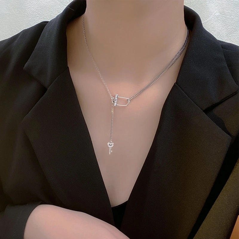 925 Sterling Silver Small Lock Key Retro Necklace Simple And Cold Style