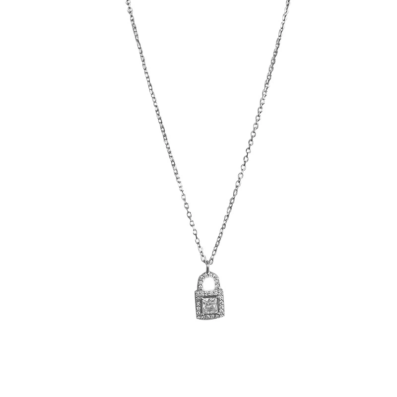 Korea S925 Sterling Silver Light Luxury Zircon Small Lock Necklace Women