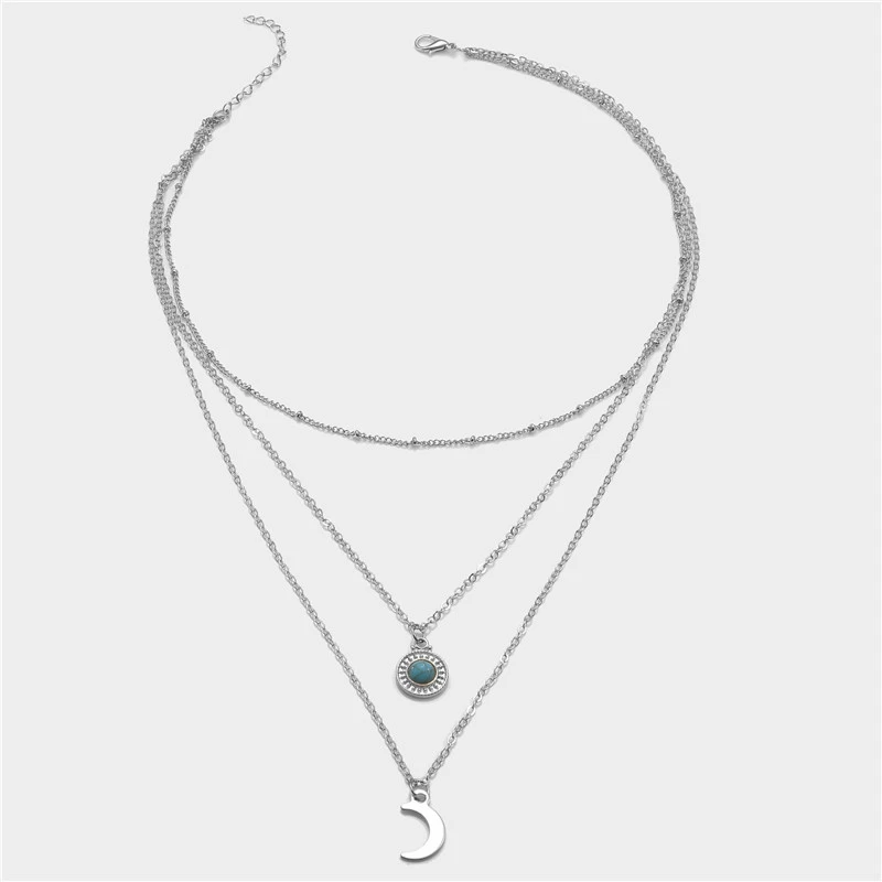 Turquoise Multilayer Necklace Metal Moon Pendant Necklace