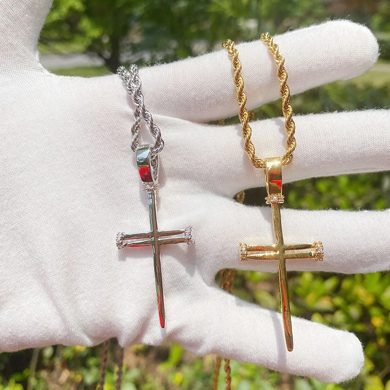 Copper Inlaid Zircon Nail Cross Pendant Hip Hop Necklace