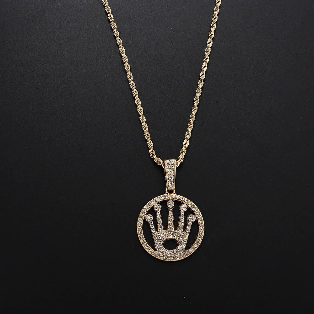 Joint Diamond Double Circle Crown Pendant Necklace Hip Hop Pendant
