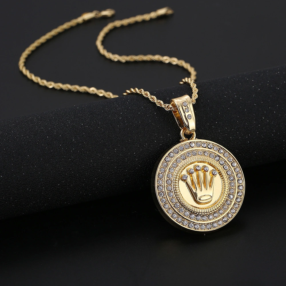 Joint Diamond Double Circle Crown Pendant Necklace Hip Hop Pendant