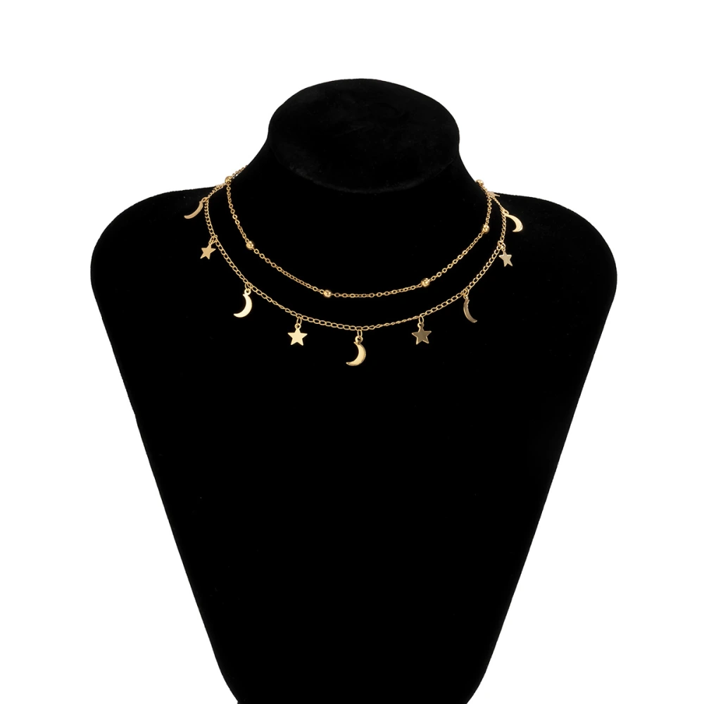 Simple Star And Moon Tassel Fine Chain Necklace Female   Geometric Bead Clavicle Necklace