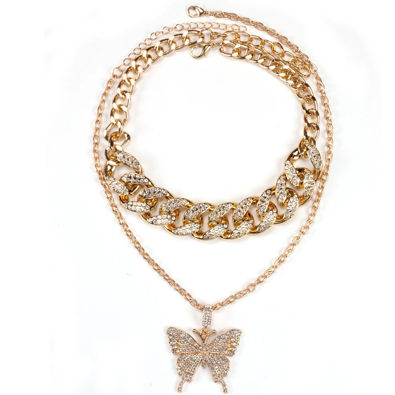 Fashion Diamond Cuban Chain Big Butterfly Necklace