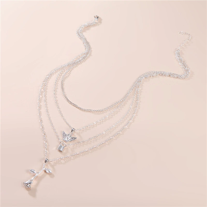 Multi-layer Key Angel Rose Pendant Necklace Set