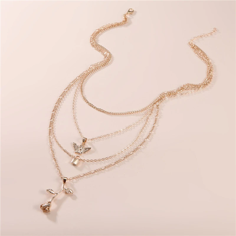 Multi-layer Key Angel Rose Pendant Necklace Set