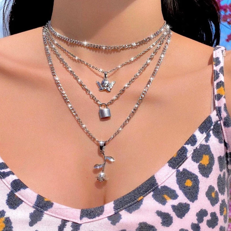 Multi-layer Key Angel Rose Pendant Necklace Set