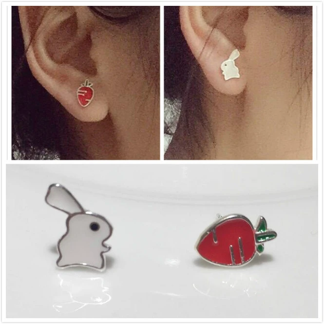 S925 Sterling Silver Rabbit Radish Personality Simple Student Asymmetric Earrings