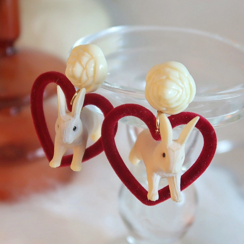 Retro Velvet Red Love Rabbit Earrings Rose Studs Without Pierced Ear Clips