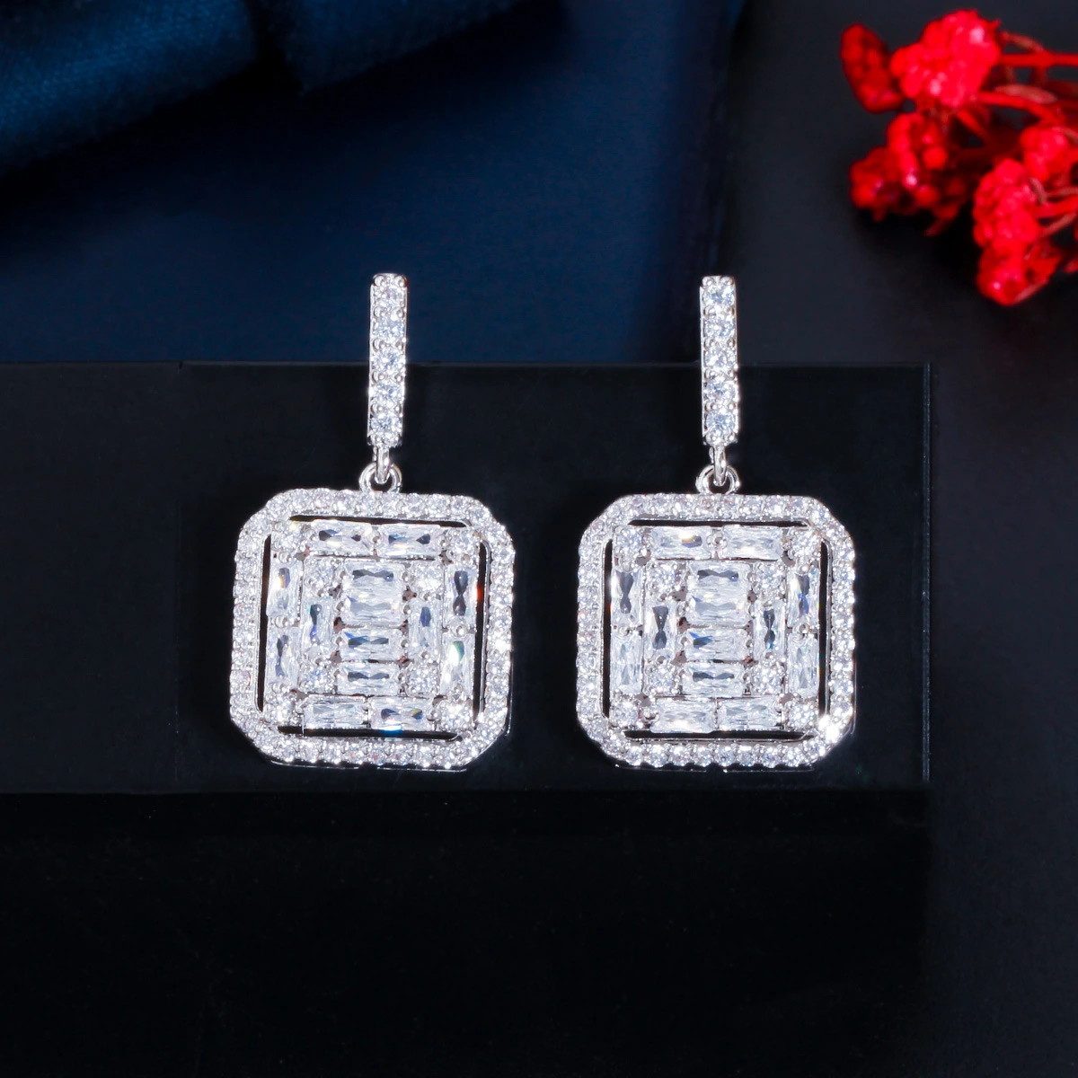 Korean Style Ladies Temperament Square Full Diamond Zircon Ear Studs