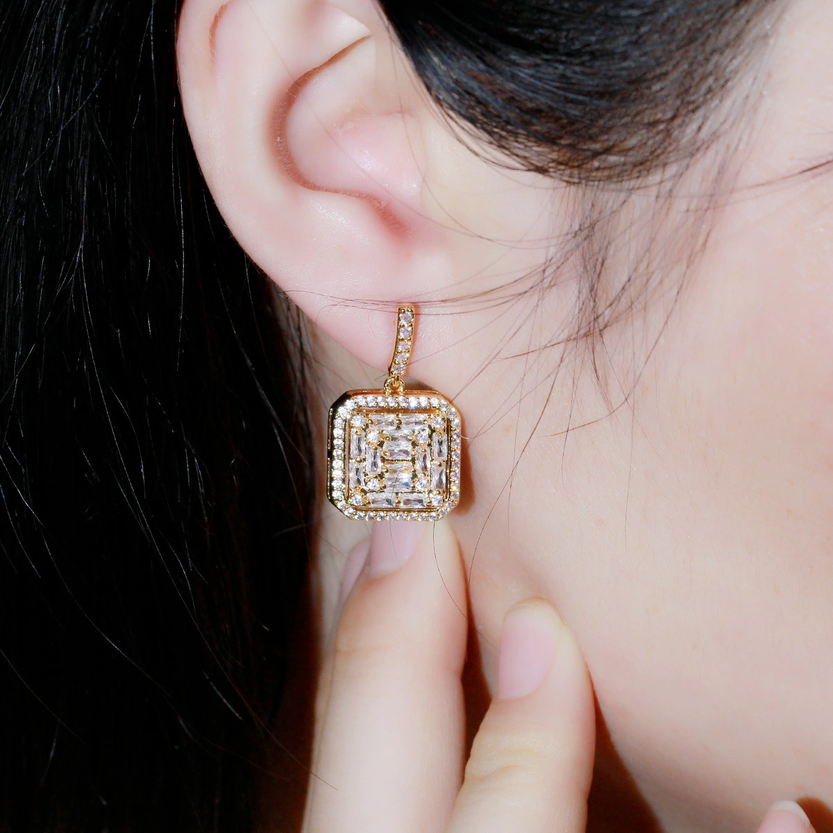 Korean Style Ladies Temperament Square Full Diamond Zircon Ear Studs
