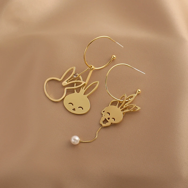 Pearl Earrings Fashion Sweet Girl Heart Asymmetrical Bunny Earrings