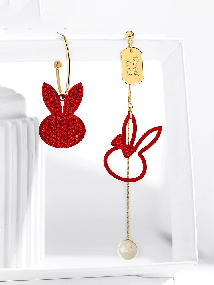 925 Silver Needle Sweet And Cute Bunny Red Asymmetric Earrings Female