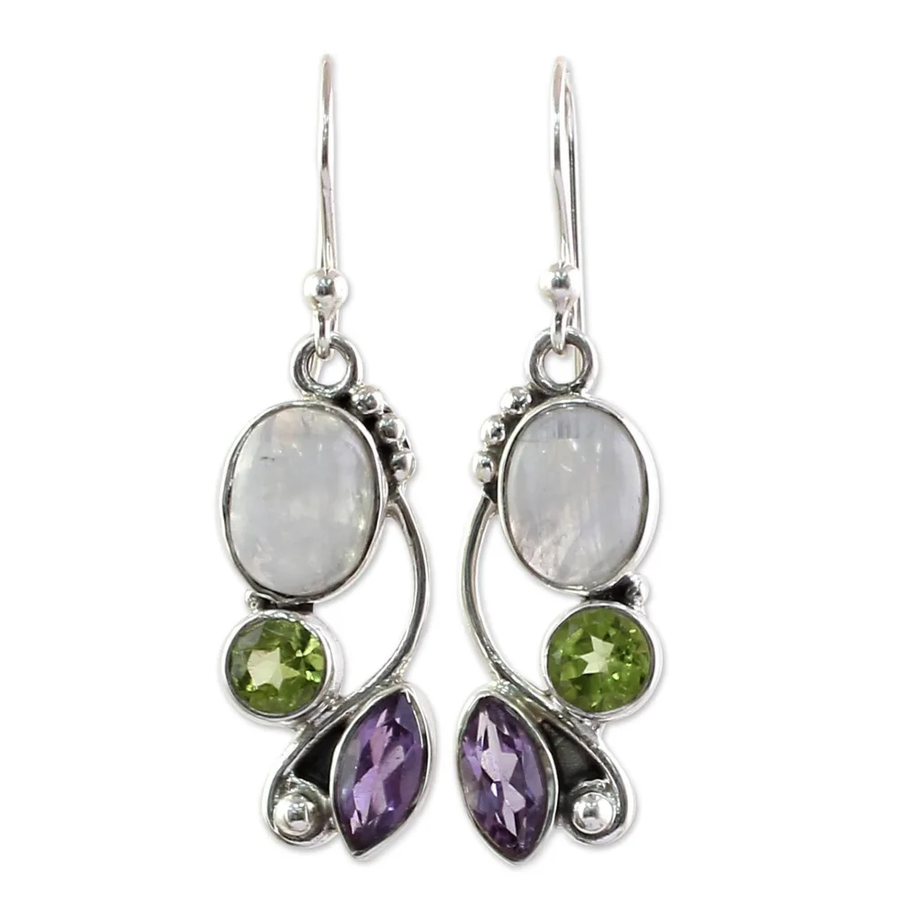 Natural Silver Moonstone Temperament Earrings Multicolor Zircon Earrings