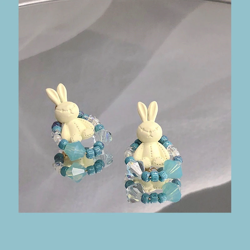 Rabbit Swing Original Design Blue And White Earrings