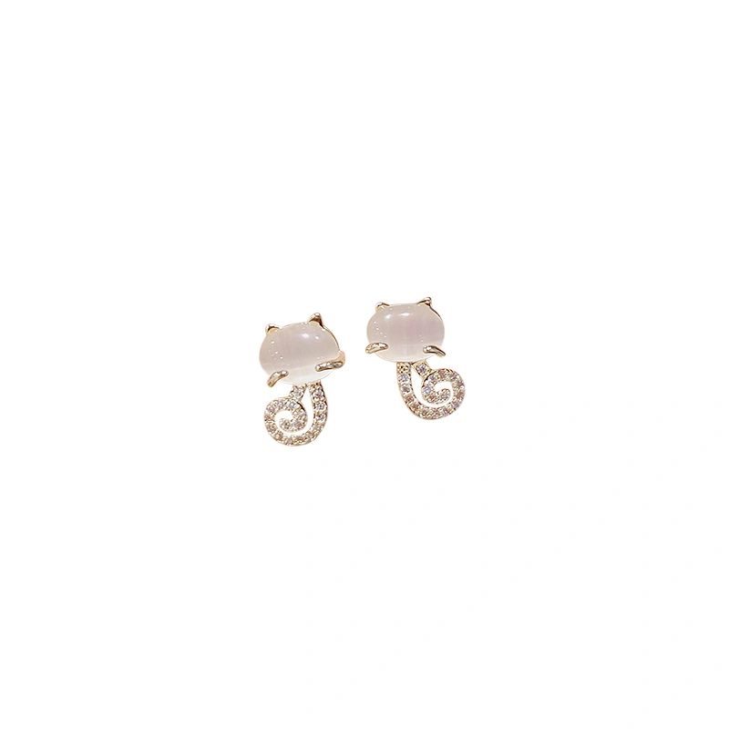 Japanese Cute Cat Earrings S925 Silver Needle Small Imitation Opal Niche Design Girl