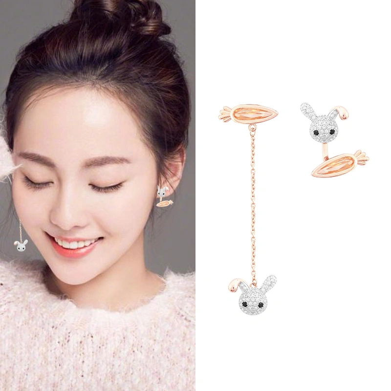 Korean Sterling Silver Earrings Female Cute Carrot Rabbit Asymmetric Earrings