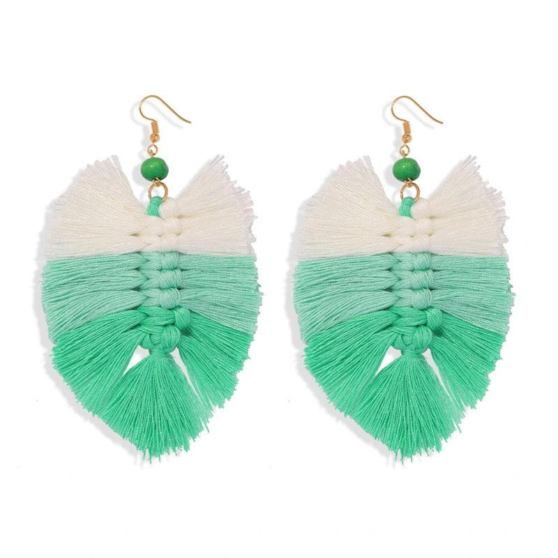 Handmade Gradient Tassel Earrings Leaf Shape Ethnic Style Earrings Exotic Holiday Earrings