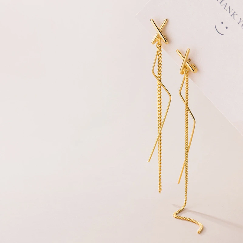 S925 Silver Simple Line Letter X Tassel Earrings Japanese And Korean Style