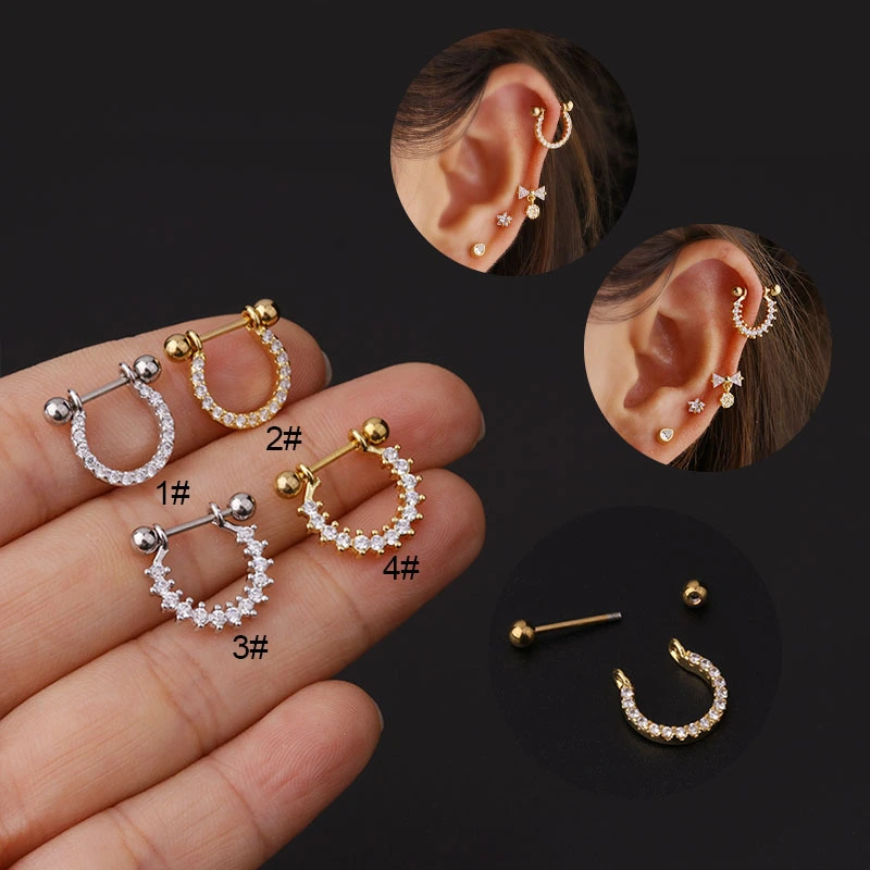 Stainless Steel Thin Rod Micro-inlaid Zircon Screw Ball Ear Bone Studs