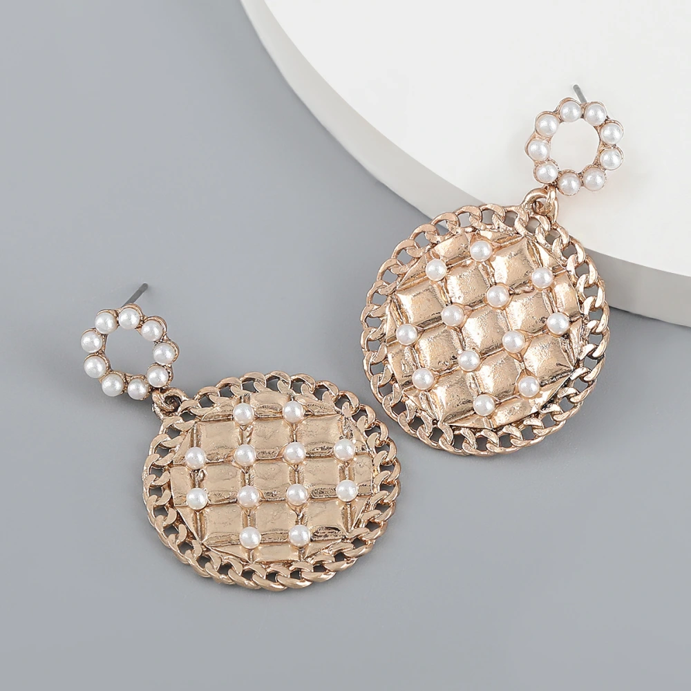 New Mesh Alloy Inlaid Pearl Round Earrings Female Trend