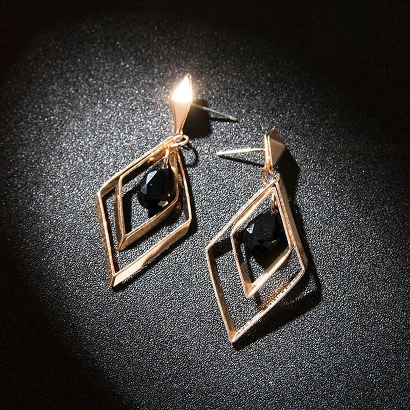 Geometric Rhombus Black Crystal Stud Earrings