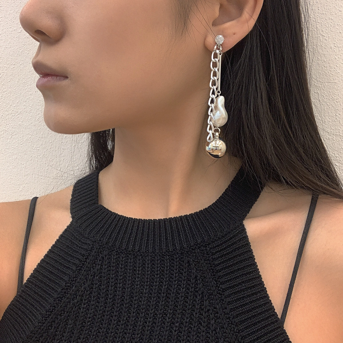 Personality Geometric Aluminum Chain Alloy Bead Set Earrings
